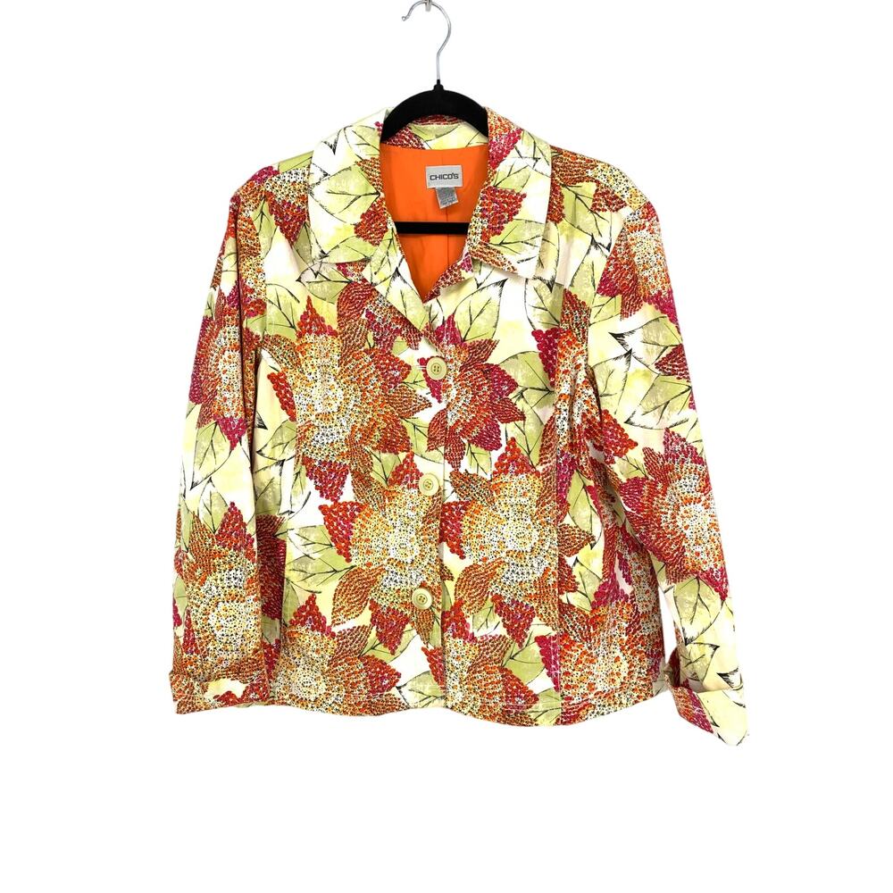 Chicos Blazer Jacket Womens 2 US L Floral Print Embellished Multicolor